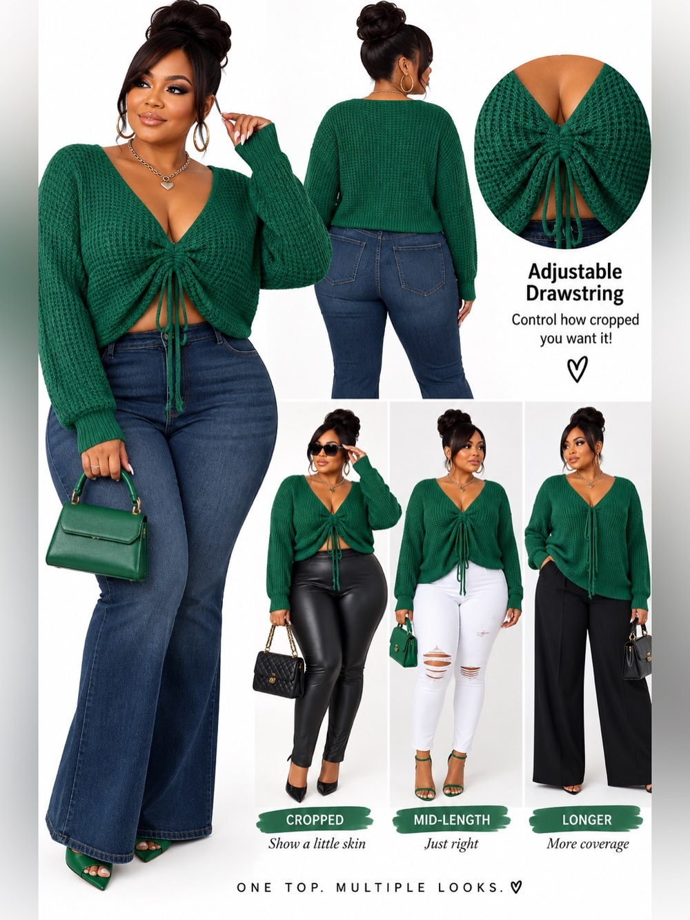 Green Drawstring Cropped V‑Neck Sweater